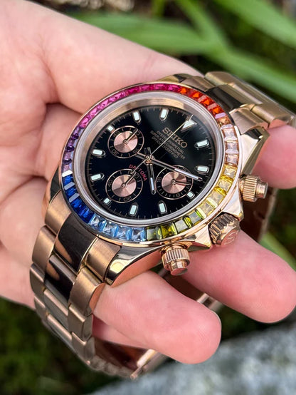 D-Racing "Rainbow" Rose Gold - Reloj personalizado con cristal de zafiro y cronógrafo VK63 | XP Watch Co.
