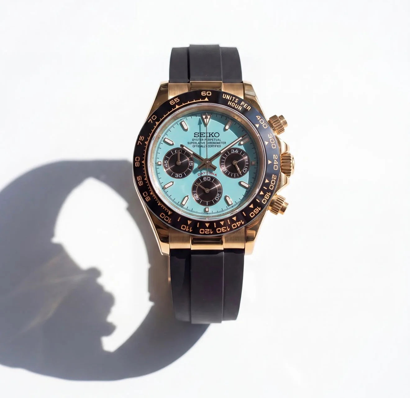 D-Racing "Gold Tiffany" Rubber - Reloj personalizado con cristal de zafiro y cronógrafo VK63 | XP Watch Co.