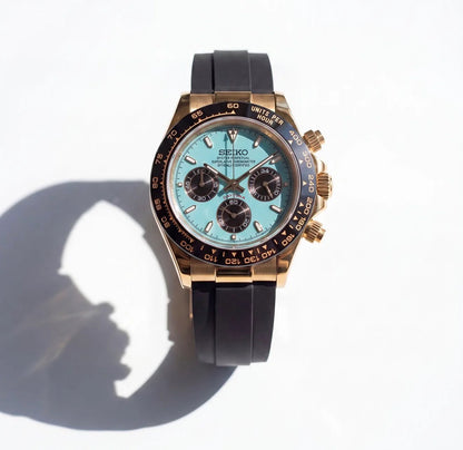 D-Racing "Gold Tiffany" Rubber - Reloj personalizado con cristal de zafiro y cronógrafo VK63 | XP Watch Co.