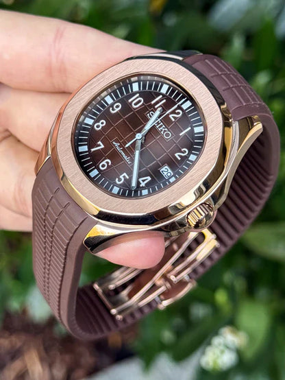 Aqua-Tropic Mod "Rose Gold Brown" - Reloj personalizado con cristal de zafiro y movimiento automático NH35 | XP Watch Co.