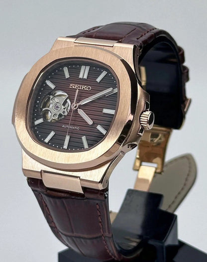 Nautic "Open Heart" Rose Gold Chocolate - Correa de Cuero - Reloj personalizado con movimiento NH35 | XP Watch Co.