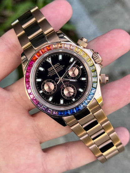D-Racing "Rainbow" Rose Gold - Reloj personalizado con cronógrafo VK63 y acero inoxidable 316L | XP Watch Co.