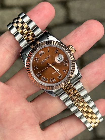 Ladyjust | Two-Tone RoseGold Bronze Roman - Reloj personalizado con movimiento automático NH35 y cristal de zafiro | XP Watch Co.