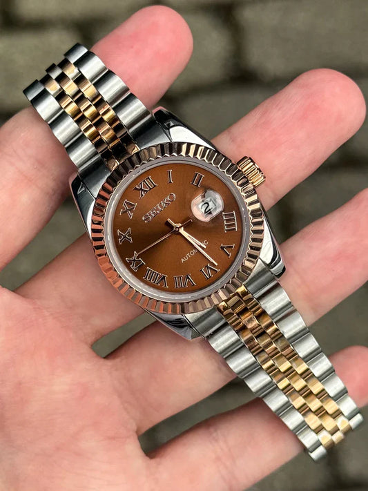 Ladyjust | Two-Tone RoseGold Bronze Roman - Reloj personalizado con movimiento automático NH35 y cristal de zafiro | XP Watch Co.