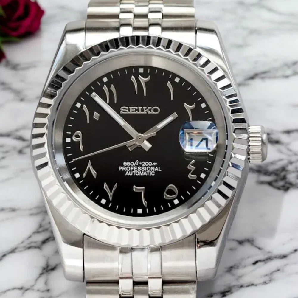 DJ-Fluted "Black" Árabe - Reloj personalizado con movimiento automático NH35 y cristal de zafiro | XP Watch Co.