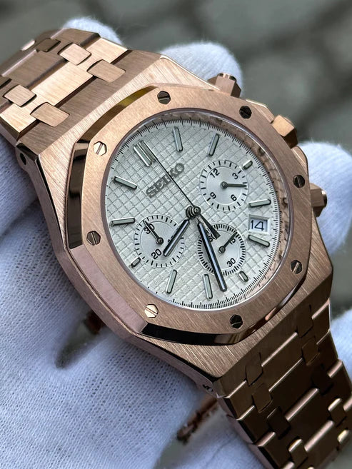 ROAK Chronograph Rosegold "White" - Reloj personalizado con cristal de zafiro y cronógrafo VK63 | XP Watch Co.