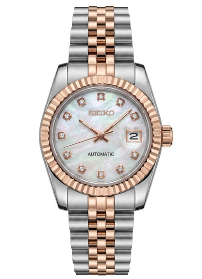 Ladyjust Two Tone Rose Gold Mother of Pearl & Diamonds - Reloj personalizado con cristal de zafiro y acero inoxidable 316L | XP Watch Co.