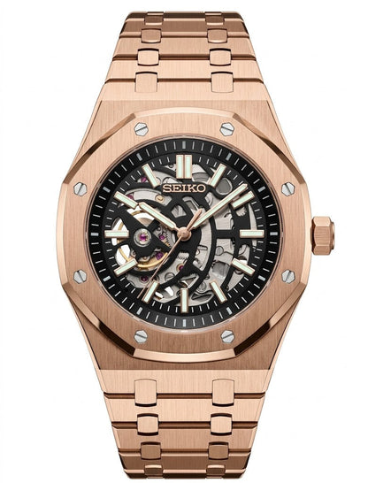 ROAK "Skeleton Rose Gold" - Reloj personalizado con movimiento automático NH35 y cristal de zafiro | XP Watch Co.