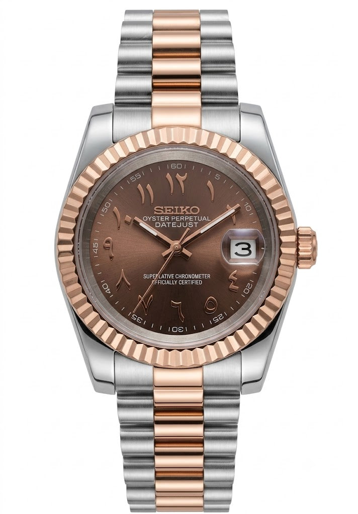 DJ-Fluted Arabic "Choco" Dual Tone RG Presidente - Reloj personalizado con cristal de zafiro y acero inoxidable 316L | XP Watch Co.