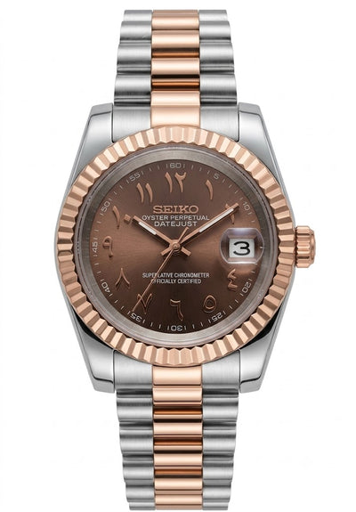 DJ-Fluted Arabic "Choco" Dual Tone RG Presidente - Reloj personalizado con cristal de zafiro y acero inoxidable 316L | XP Watch Co.