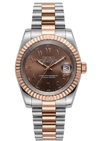 DJ-Fluted Arabic "Choco" Dual Tone RG Presidente - Reloj personalizado con cristal de zafiro y acero inoxidable 316L | XP Watch Co.