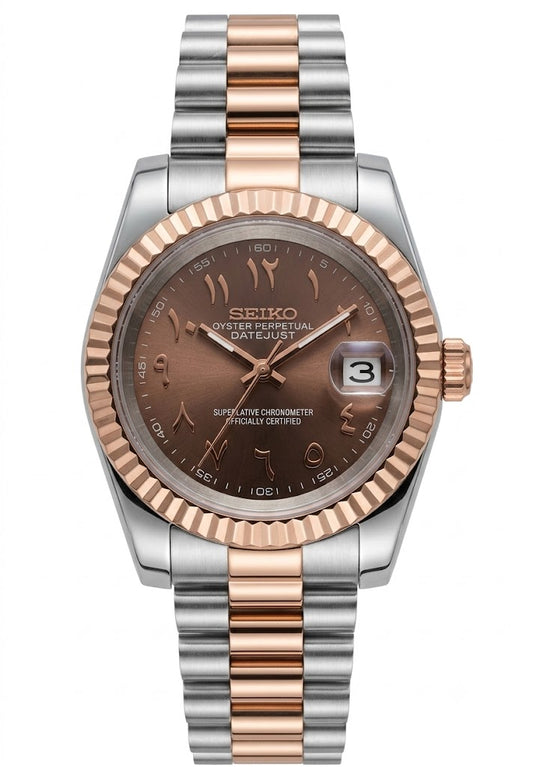 DJ-Fluted Arabic "Choco" Dual Tone RG Presidente - Reloj personalizado con cristal de zafiro y acero inoxidable 316L | XP Watch Co.
