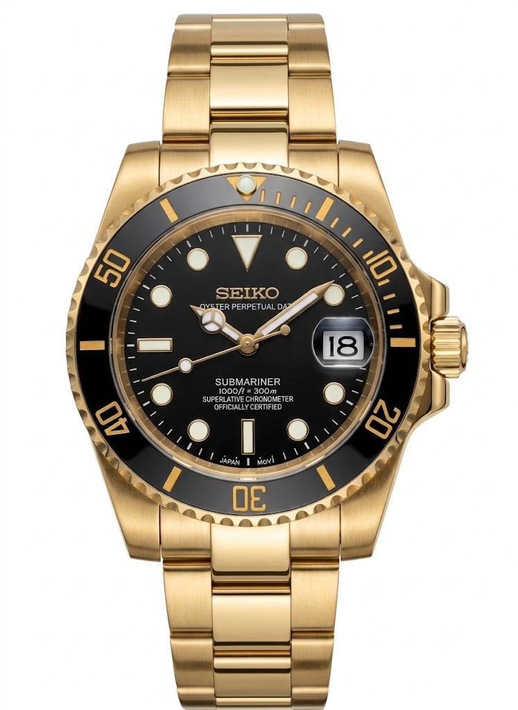 Sub-Diver "Gold Black" - Reloj personalizado con cristal de zafiro y acero inoxidable 316L | XP Watch Co.