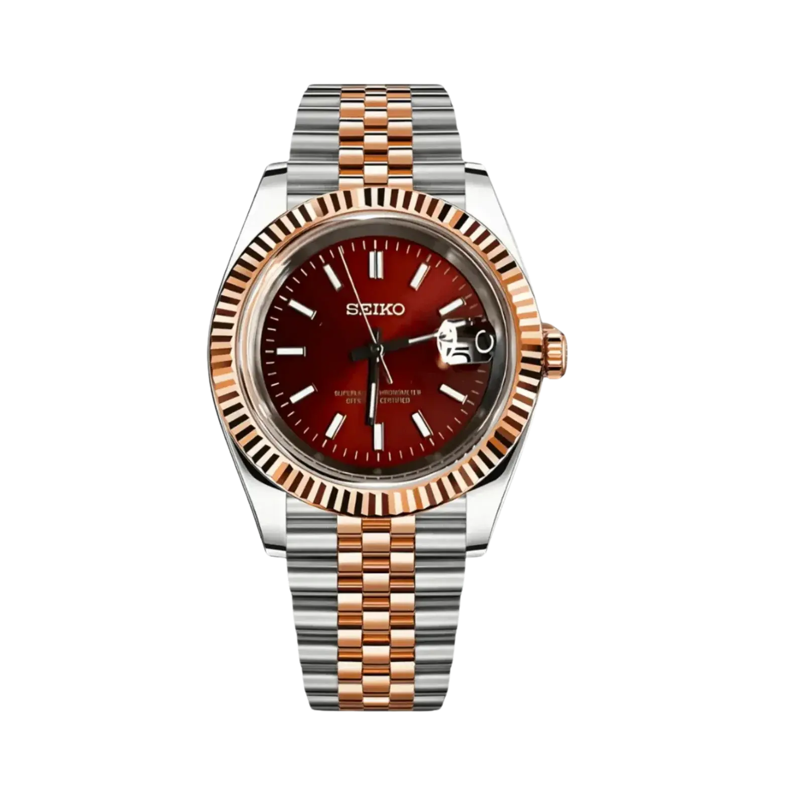 DJ-Fluted "Two Tone Rose Gold W/Red" - Reloj personalizado con cristal de zafiro y acero inoxidable 316L | XP Watch Co.