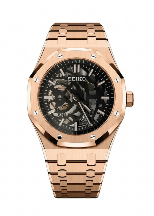 ROAK "Skeleton Rose Gold" - Reloj personalizado con cristal de zafiro y acero inoxidable 316L | XP Watch Co.