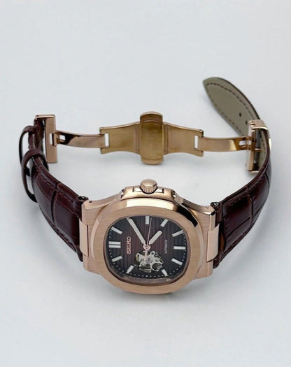 Nautic "Open Heart" Rose Gold Chocolate - Correa de Cuero - Reloj personalizado con cristal de zafiro | XP Watch Co.
