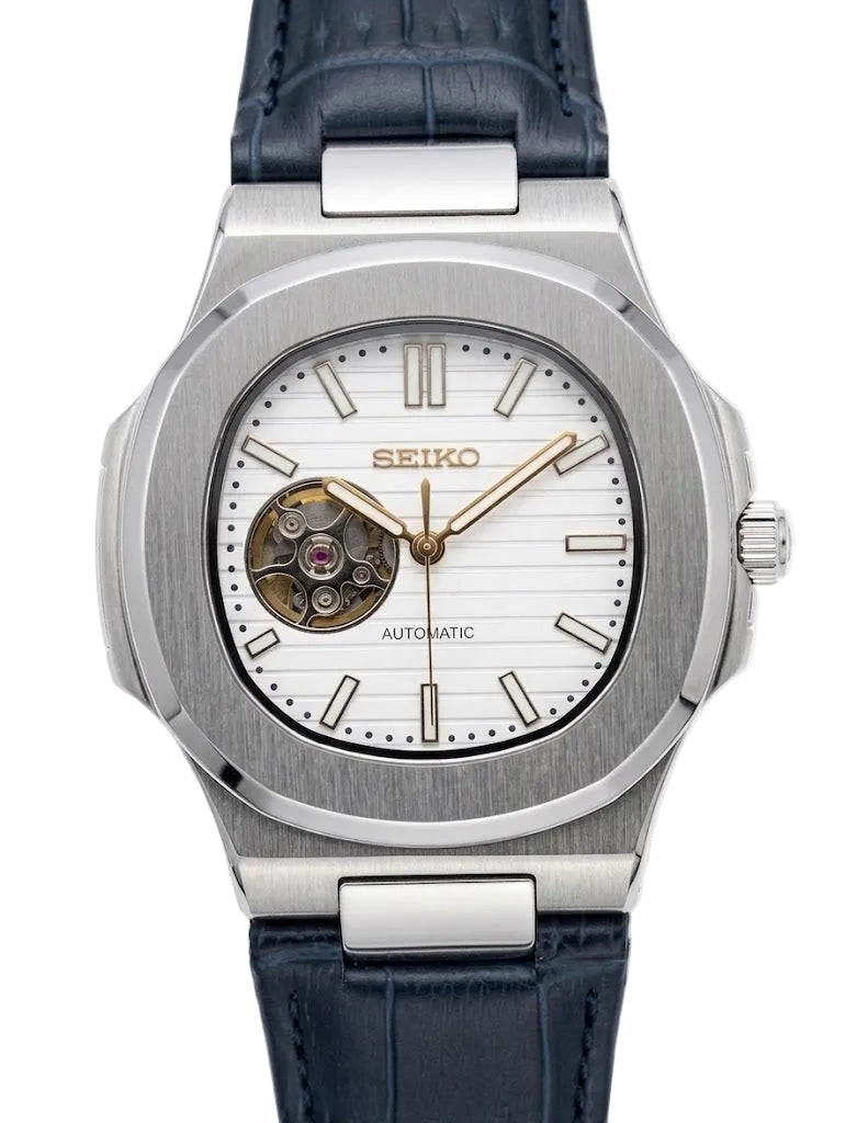 Nautic "Open Heart" White — Blue Leather Strap - Reloj personalizado con movimiento automático NH35 y cristal de zafiro | XP Watch Co.