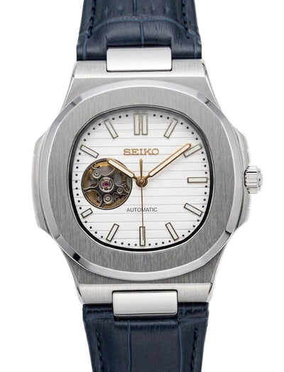 Nautic "Open Heart" White — Blue Leather Strap - Reloj personalizado con movimiento automático NH35 y cristal de zafiro | XP Watch Co.