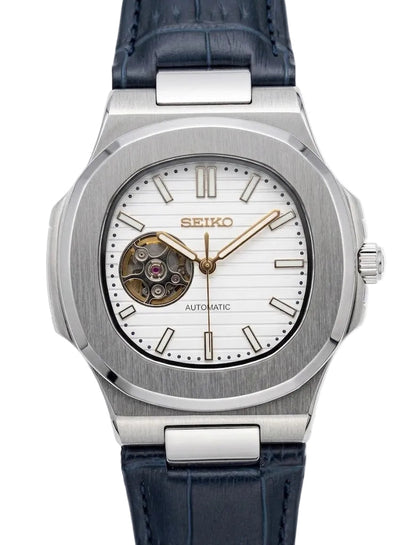Nautic "Open Heart" White — Blue Leather Strap - Reloj personalizado con movimiento automático NH35 y cristal de zafiro | XP Watch Co.