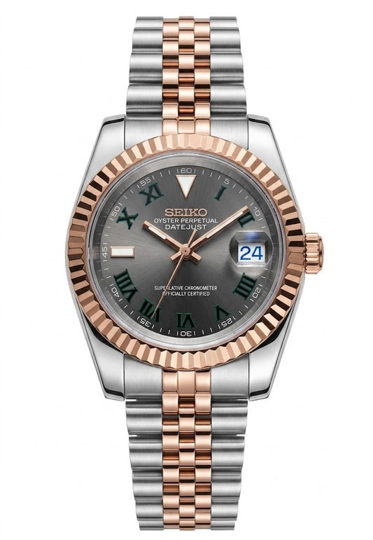 DJ-Fluted "Two Tone gold W/Black Roman" (Wimbledon) - Reloj personalizado con cristal de zafiro y acero 316L | XP Watch Co.