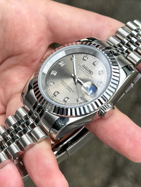 DJ-Fluted "Rhodium"Diamond con movimiento NH35, acero 316L y cristal zafiro | XP Watch Co.