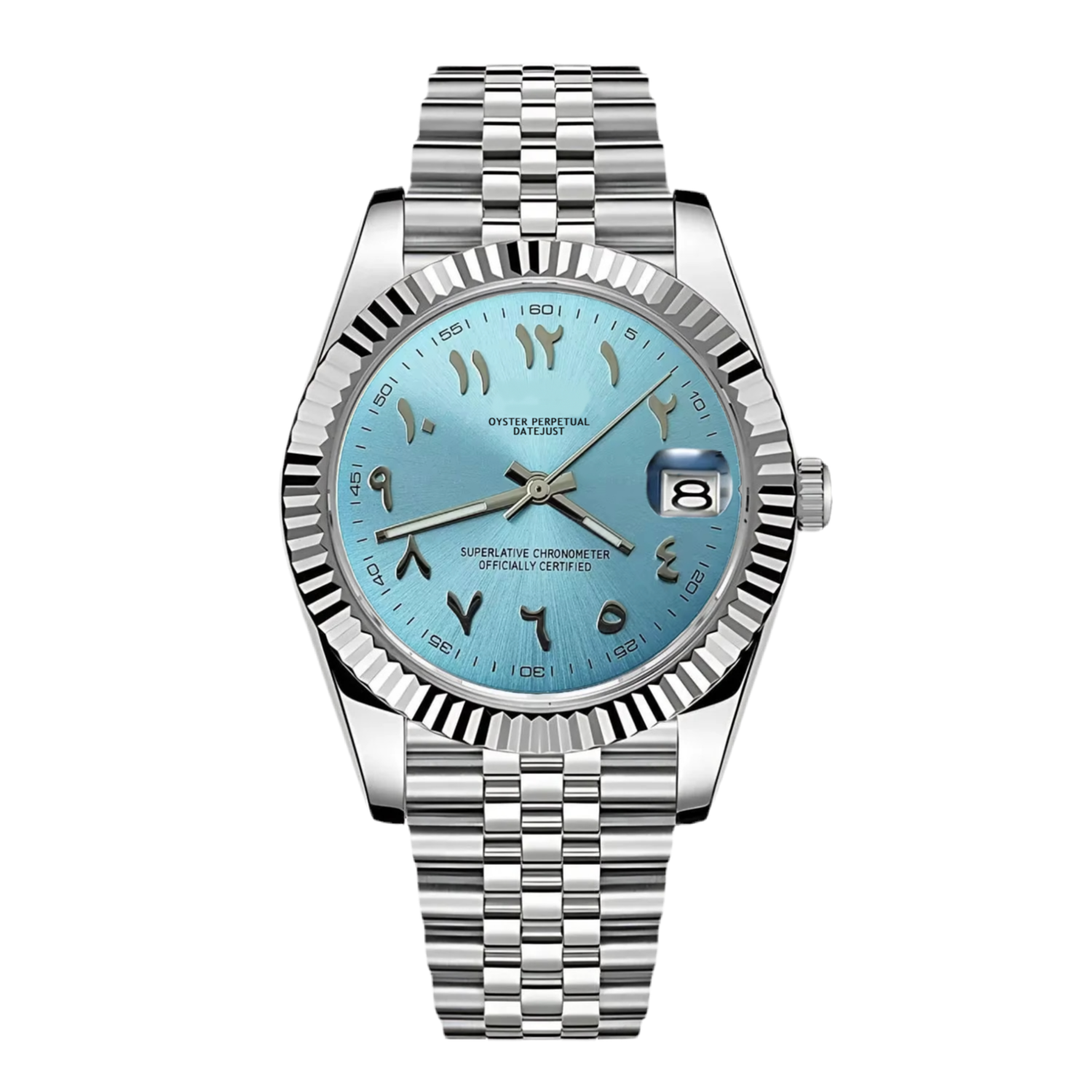 DJ-Fluted "Sky Blue" Árabe - Reloj personalizado con cristal de zafiro y acero inoxidable 316L | XP Watch Co.