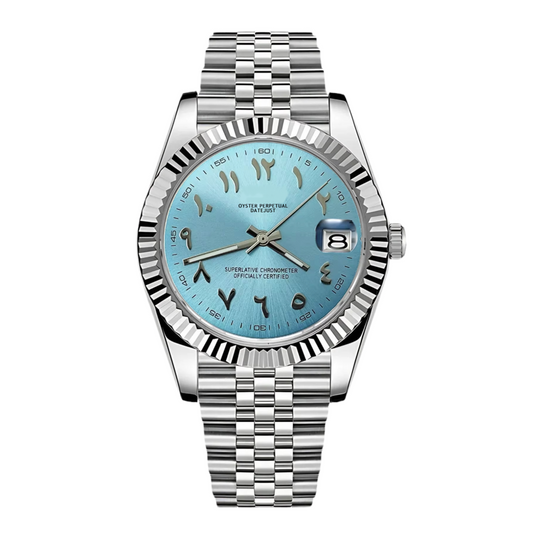 DJ-Fluted "Sky Blue" Árabe - Reloj personalizado con cristal de zafiro y acero inoxidable 316L | XP Watch Co.