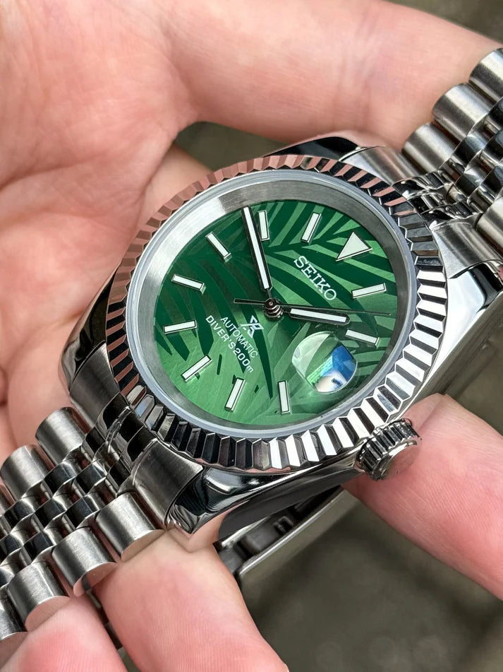 DJ-Fluted "Palmera Verde" - Reloj personalizado con cristal de zafiro y acero inoxidable 316L | XP Watch Co.