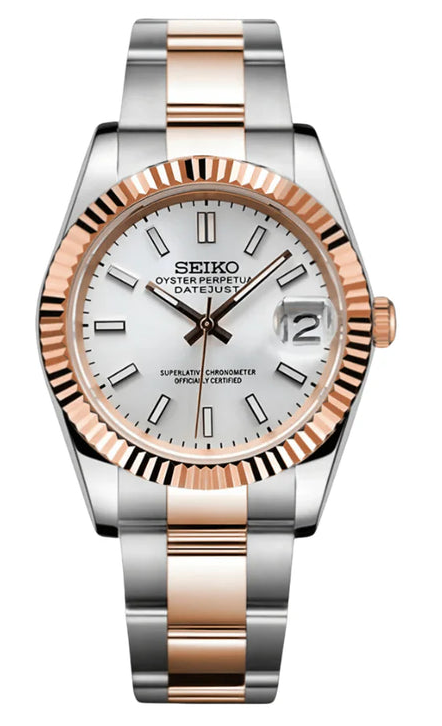DJ-Fluted "Two Tone Rose Gold W/White" - Reloj personalizado con cristal de zafiro y acero 316L | XP Watch Co.