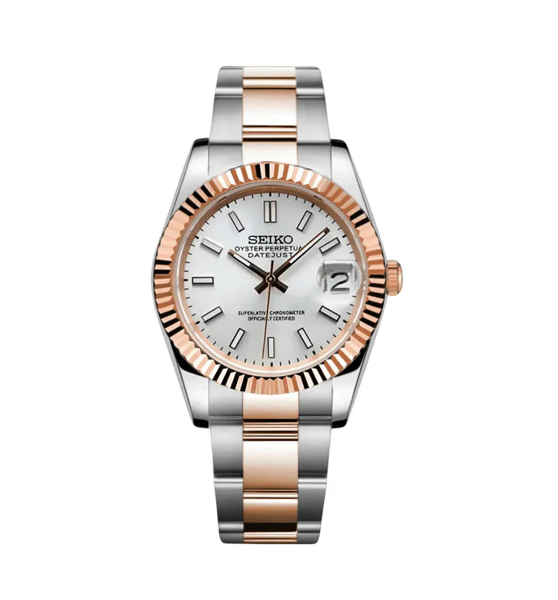 DJ-Fluted "Two Tone Rose Gold W/White" - Reloj personalizado con cristal de zafiro y acero inoxidable 316L | XP Watch Co.
