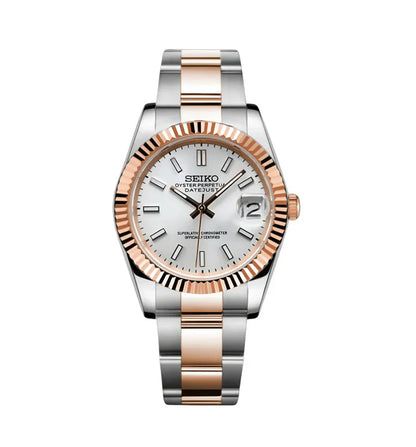 DJ-Fluted "Two Tone Rose Gold W/White" - Reloj personalizado con cristal de zafiro y acero inoxidable 316L | XP Watch Co.