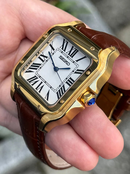 Santeiko Mod "Gold White Roman" Leather - Reloj personalizado con cristal de zafiro y acero 316L | XP Watch Co.
