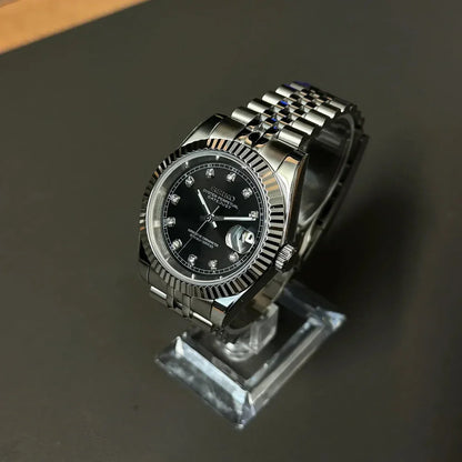 DJ-Fluted "Silver" Black Dial con movimiento NH35, acero 316L y cristal zafiro | XP Watch Co.