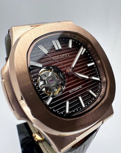Nautic "Open Heart" Rose Gold Chocolate - Correa de Cuero - Reloj personalizado con cristal de zafiro | XP Watch Co.