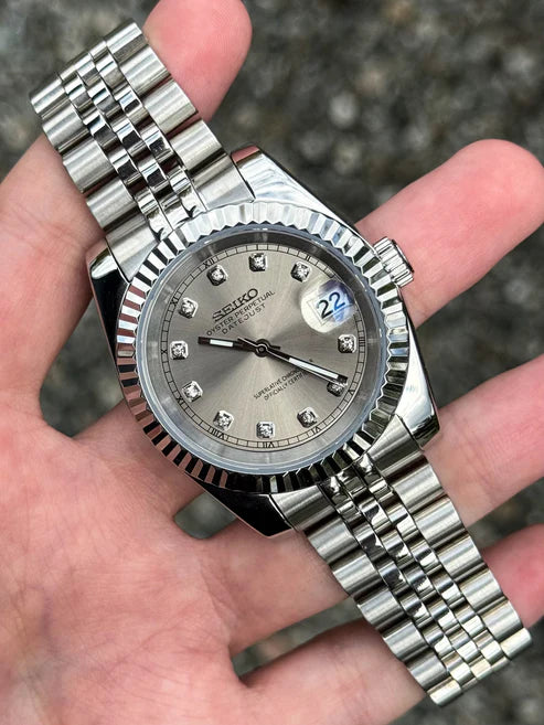 Reloj Automático XP Mod XP Mod DJ-Fluted "Rhodium"Diamond con movimiento NH35, acero 316L y cristal zafiro | XP Watch Co.