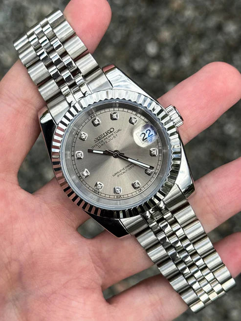DJ-Fluted "Rhodium"Diamond con movimiento NH70, acero 316L y cristal zafiro | XP Watch Co.
