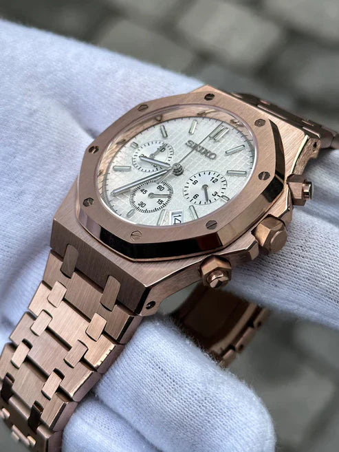 ROAK Chronograph Rosegold "White" - Reloj personalizado con cristal de zafiro y cronógrafo VK63 | XP Watch Co.