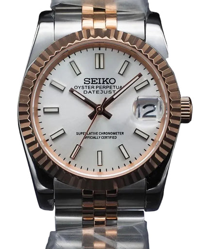 DJ-Fluted "Two Tone Rose Gold W/White" - Reloj personalizado con cristal de zafiro y acero inoxidable 316L | XP Watch Co.