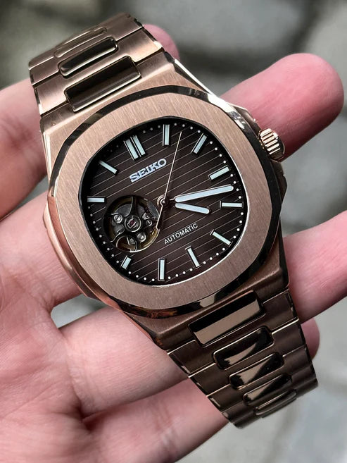 Reloj Automático XP Mod XP Mod Nautic "Open Heart" Rose Gold Chocolate - movimiento NH35 automático acero 316L cristal zafiro | XP Watch Co.