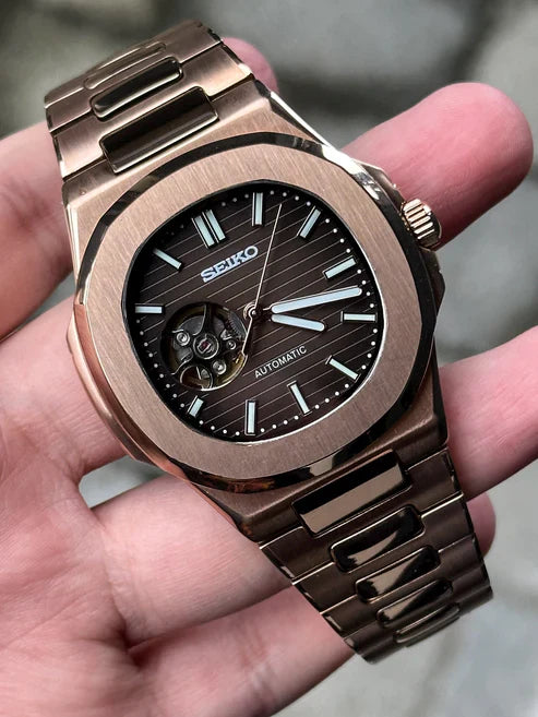 Nautic "Open Heart" Rose Gold Chocolate - Reloj personalizado con movimiento automático NH35 y cristal de zafiro | XP Watch Co.