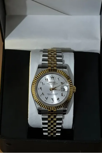 DJ-Fluted Two-Tone Arabic "Pure White" - Reloj personalizado con cristal de zafiro y acero 316L | XP Watch Co.