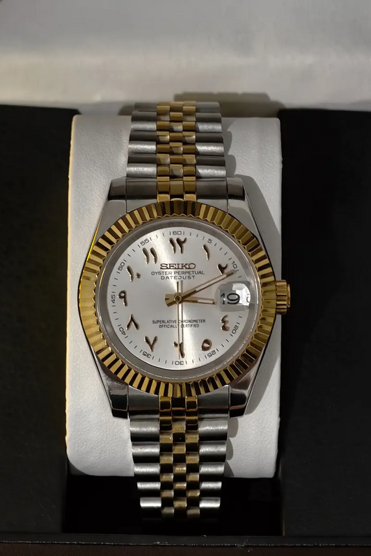 DJ-Fluted Two-Tone Arabic "Pure White" - Reloj personalizado con cristal de zafiro y acero 316L | XP Watch Co.