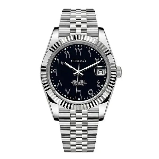 DJ-Fluted "Black" Árabe - Reloj personalizado con movimiento automático NH35 y cristal de zafiro | XP Watch Co.