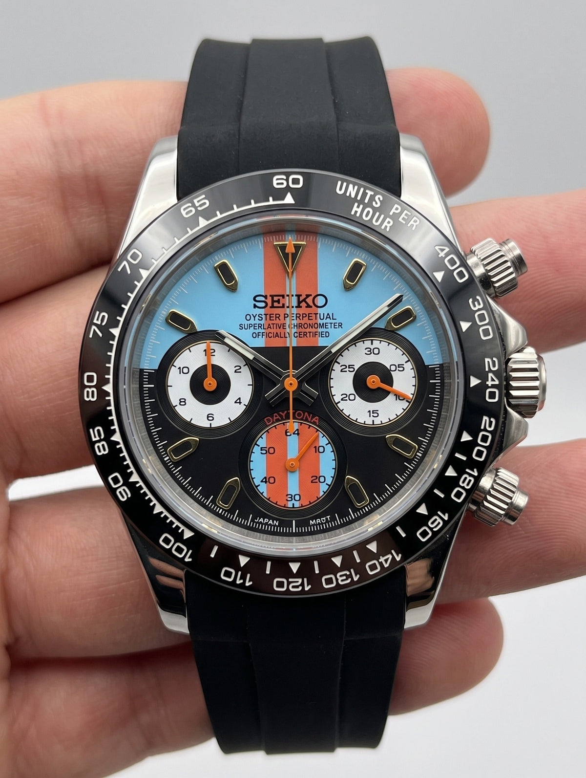 D-Racing Mod "Blue/Orange Racing" - Reloj personalizado con cronógrafo VK63 y cristal de zafiro | XP Watch Co.