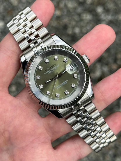 DJ-Fluted "Silver" Olive dial diamond con movimiento NH35, acero 316L y cristal zafiro | XP Watch Co.