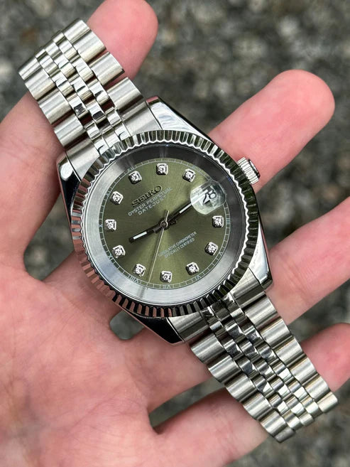 Reloj Automático XP Mod XP Mod DJ-Fluted "Silver" Olive dial con movimiento automático NH35, acero 316L y cristal zafiro | XP Watch Co.