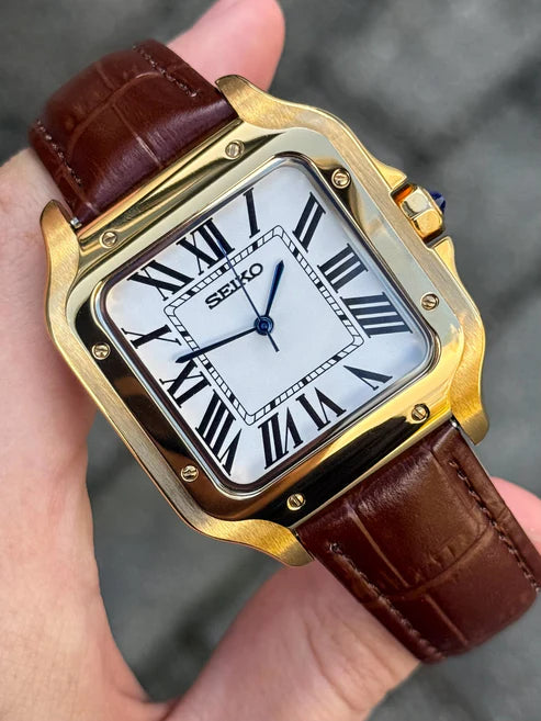 XP Mod S-Aviator Mod "Gold White Roman" Leather con movimiento NH35, cristal zafiro acero 316L | XP Watch Co.