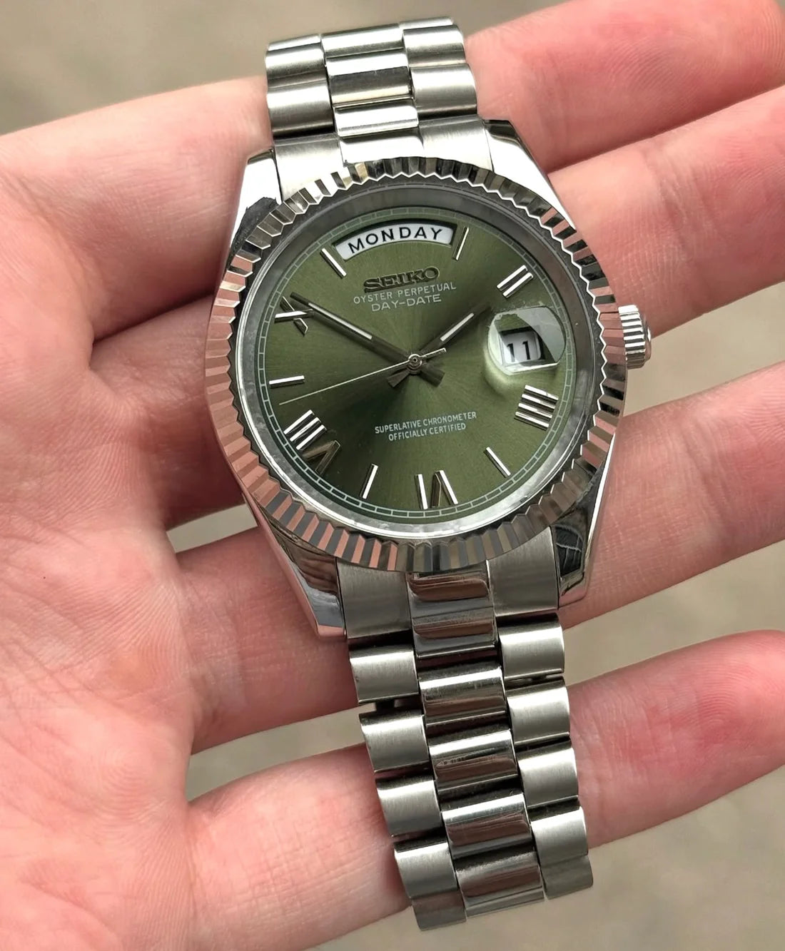 DD-President "Mint Green Roman" - Reloj personalizado con cristal de zafiro y acero inoxidable 316L | XP Watch Co.