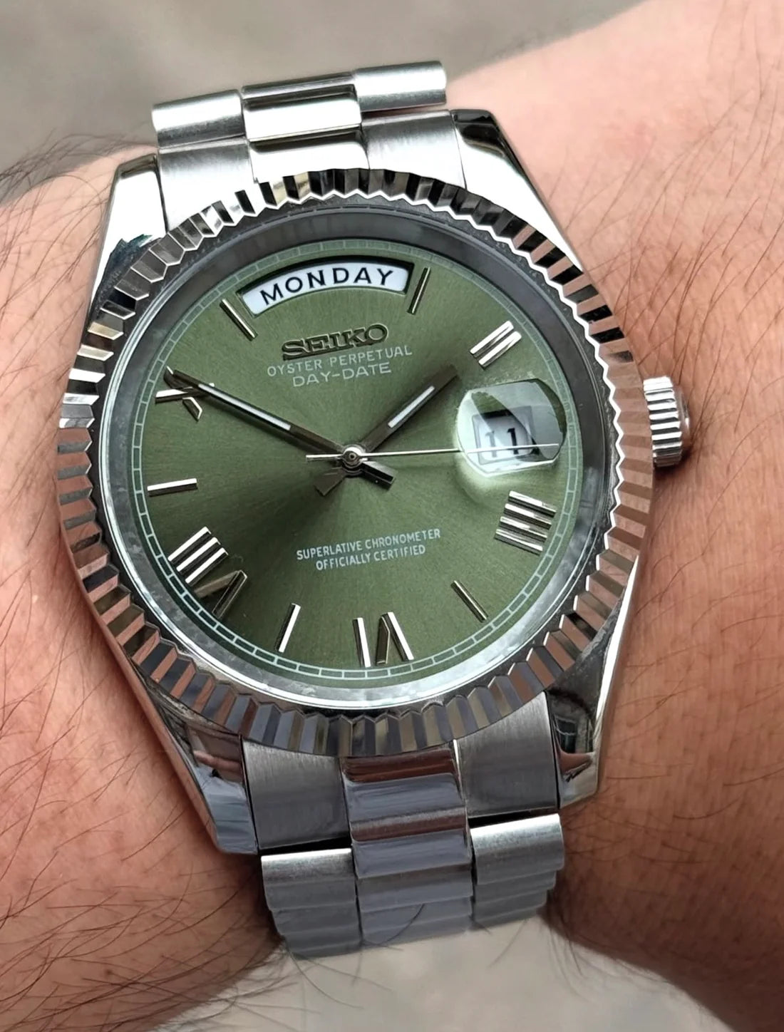 DD-President "Mint Green Roman" - Reloj personalizado con cristal de zafiro y acero inoxidable 316L | XP Watch Co.