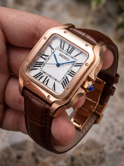 Santeiko Mod "Rose Gold White Roman" Leather - Reloj personalizado con cristal de zafiro y movimiento NH35 | XP Watch Co.